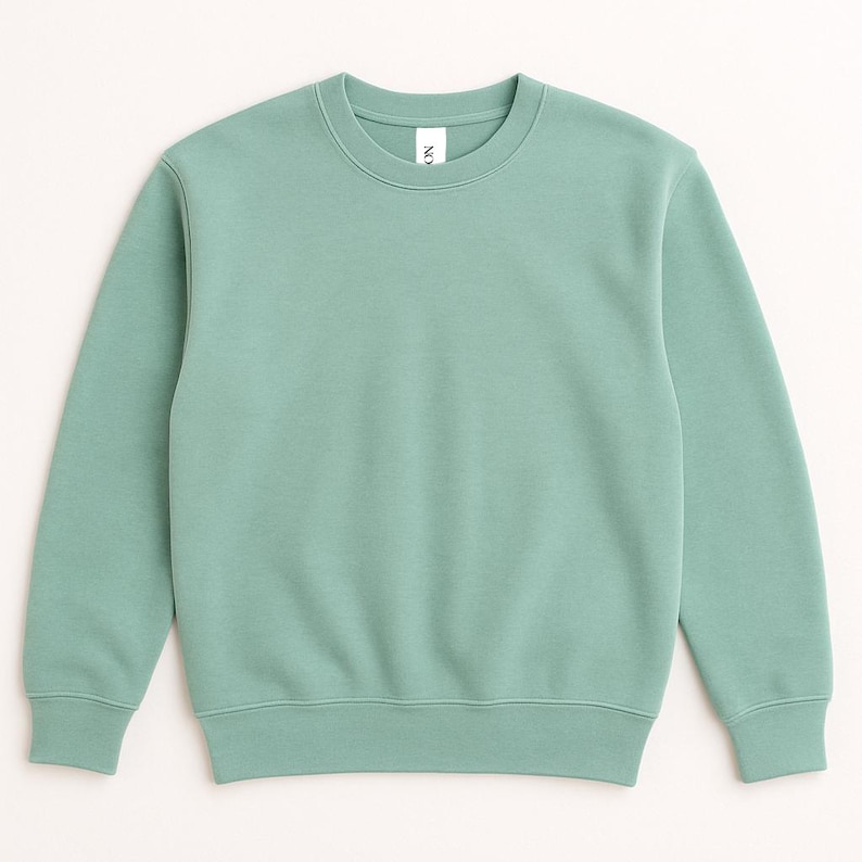 May include: A solid, mint green crewneck sweatshirt. The sweatshirt has a ribbed hem and cuffs, and a small white tag is visible on the neckline. The garment is made of a soft, comfortable material.