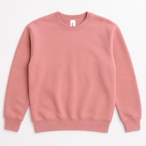 May include: A solid-colored, crew neck sweatshirt in a dusty rose hue. The long-sleeved top has a ribbed hem and cuffs. The brand name is visible on the neck. This casual apparel item is suitable for everyday wear.