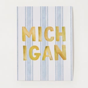 Michigan Watercolor Print – Digital Download Art, Blue and Yellow Striped Poster, UMich Dorm Decor, Preppy College Wall Art