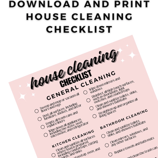 ENTIRE HOME CLEANING printable checklist includes basic clean kitchen bathroom bedroom and extra download and print