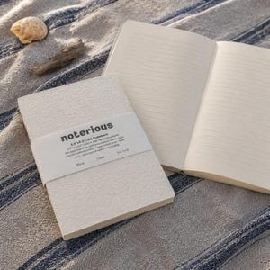 May include: Two off-white notebooks, one closed with a paper band labeled "notorious" and "5.5"x8.5" | A5 notebook", and one open to reveal lined pages. The closed notebook band also lists "100 pages made from 100% post consumer waste + 100% recycled unbleached cotton + hand stitched spine + flush trim".