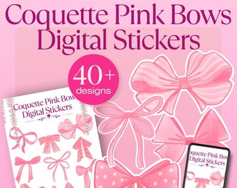 Pegatinas digitales de lazos rosas de Coquette: Paquete de imágenes prediseñadas de acuarela (descarga digital)