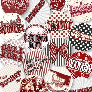 May include: A collection of circular stickers featuring Oklahoma Sooners themes, including text like Boomer Sooner, Oklahoma Mom, and Norman, with patterns such as polka dots, stripes, and gingham, plus graphics of a mascot, a wagon, and a foam finger.