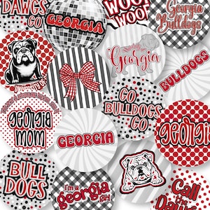 May include: A collection of circular stickers featuring red, black, and white designs with themes of Georgia Bulldogs, including text like Go Dawgs, Georgia Mom, and Woof, alongside patterns of polka dots, buffalo plaid, and a disco ball.
