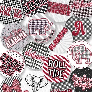May include: A collection of circular stickers featuring Alabama-themed designs in crimson, black, white, and grey. Patterns include houndstooth, polka dots, stripes, and stars. Text includes Roll Tide, Alabama, Rammer Jammer, and Sweet Home Alabama.