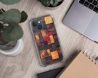 Wooden Blocks Phone Case, Wooden Pattern Blocky Clear, Tough Case for iPhone 11 12 13 14 15 Pro Max Mini, Brown, Black, Red