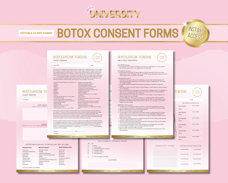 Botox Consent Forms, Neurotoxins Consultation Pack, Aesthetics Clinic Documents, Pink, White, Gold, Edit in Canva