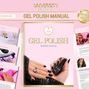 May include: A pink and gold training manual for gel polish with the title "Gel Polish Training Manual" and a photo of a hand with a bottle of gel polish.