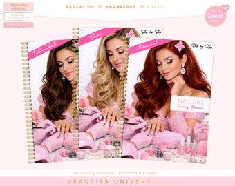 Manuales de formación editables sobre decoración de uñas, desde nivel básico hasta avanzado (descarga digital)