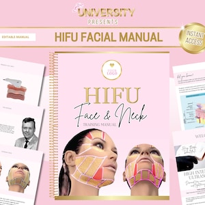 Op de afbeelding: Een roze en gouden trainingshandleiding met de titel "HIFU Face & Neck Training Manual" met een diagram van het gezicht en de nek. De handleiding is voor een behandeling met hoogintensieve gefocuste ultrasound (HIFU).