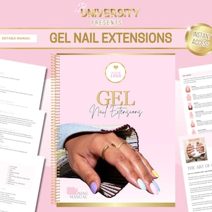Peut inclure: Un manuel numérique rose et or avec le titre "Gel Nail Extensions" et le texte "Manuel de formation" sur la couverture. Le manuel comprend des instructions sur la façon d'appliquer des extensions d'ongles en gel. La couverture présente une main avec des extensions d'ongles en gel colorées.
