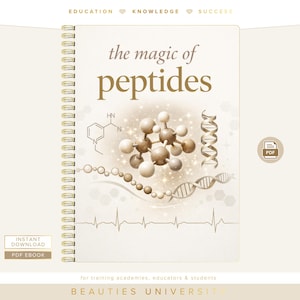 Pode incluir: Um caderno espiralado com o título "the magic of peptides". A capa apresenta modelos moleculares, fios de ADN e o texto "INSTANT DOWNLOAD PDF EBOOK". Para academias de formação, educadores e estudantes.