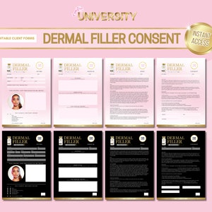 Puede incluir: Ocho formularios imprimibles en negro y dorado con el texto "Consentimiento para rellenos dérmicos" y "Acceso instantáneo" en un círculo dorado. Los formularios son para la admisión, lo médico, lo social, el consentimiento y la información del cliente.