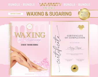 Puede incluir: Certificado de finalización en rosa y dorado para un curso de depilación con cera y azúcar. El certificado dice "Certificado de finalización" y "Avery Day's" ha completado con éxito el curso de Beauty University.