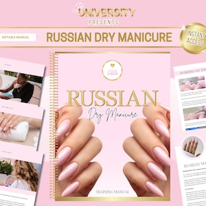 Puede incluir: Un manual de formación rosa y dorado para la manicura rusa en seco. La portada presenta un primer plano de una mano con uñas manicuradas. El título "Manicura rusa en seco" está en letras doradas en negrita. El manual incluye un mensaje de bienvenida, una sección sobre el trabajo en la uña natural y una sección sobre el curso de manicura rusa.