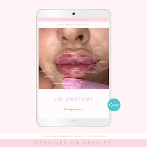Könnte beinhalten: Ein digitales Tablet zeigt ein Schulungshandbuch zur Lippenanatomie. Der Bildschirm zeigt eine Nahaufnahme von Lippen mit anatomischen Beschriftungen. Der Text "YOUR BEAUTY BUSINESS" und "LIP ANATOMY" sind sichtbar. Das Canva-Logo befindet sich in der Ecke. Unten auf dem Bildschirm steht "BEAUTIES UNIVERSITY".