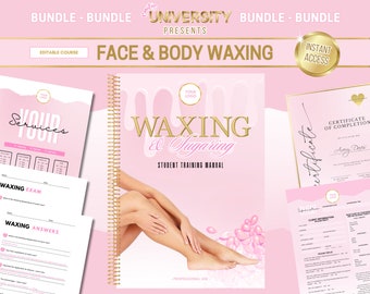 May include: A pink and gold student training manual for waxing and sugaring. The cover features a woman's legs and the text "Waxing & Sugaring Student Training Manual".