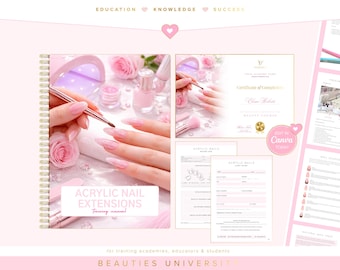 Trainingshandleiding acrylnagels, bewerkbaar certificaat, Canva-cursus