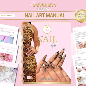 Puede incluir: Un manual rosa y dorado titulado "NAIL ART MANUAL" con el texto "BASIC & ADVANCED TRAINING MANUAL". La portada presenta a una mujer con un vestido con estampado de leopardo y uñas con un diseño de estampado de leopardo. Páginas adicionales muestran técnicas de arte de uñas.