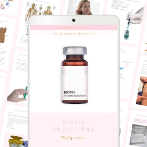 Könnte beinhalten: Ein Tablet zeigt ein professionelles Trainingshandbuch mit dem Text "YOUR BEAUTY BUSINESS". Das Handbuch zeigt eine braune Ampulle mit der Aufschrift "BIOTIN VITAMIN INJECTION". Seiten mit medizinischen Diagrammen und Text über Injektionen umgeben das Tablet.