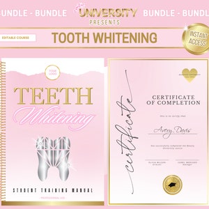 Könnte beinhalten: Ein rosa und goldenes Zertifikat über die erfolgreiche Teilnahme an einem Zahnaufhellungskurs. Das Zertifikat enthält den Text "Zertifikat über die erfolgreiche Teilnahme" und "Avery Davis" in schwarzer Schrift. Das Zertifikat ist von einem goldenen Rahmen umgeben.