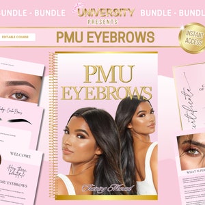 Peut inclure: Un manuel de formation rose et or pour les sourcils PMU. La couverture présente deux femmes avec des sourcils parfaitement dessinés. Le manuel comprend un certificat de réussite et une page de bienvenue avec le texte "Hey there, beautiful!"