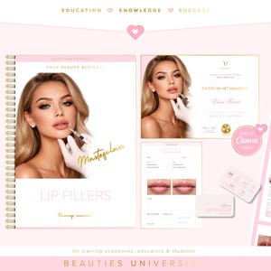 Manual de capacitación sobre rellenos labiales, certificado, formularios de consentimiento, tarjeta de cuidados (editar en Canva)