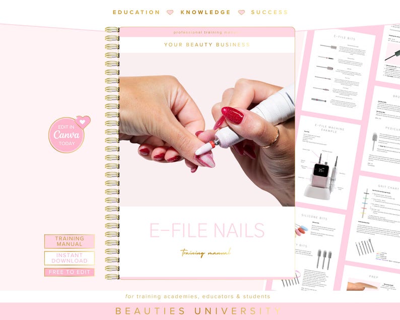 E-File Nails Training Manual, Editable Course, Canva Template image 1