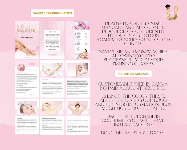 Editable Waxing Training Manuals, Waxing Tutor Bundle, Waxing Course, Face, Body, Brazilian, Bikini, Hollywood, Edit in Canva