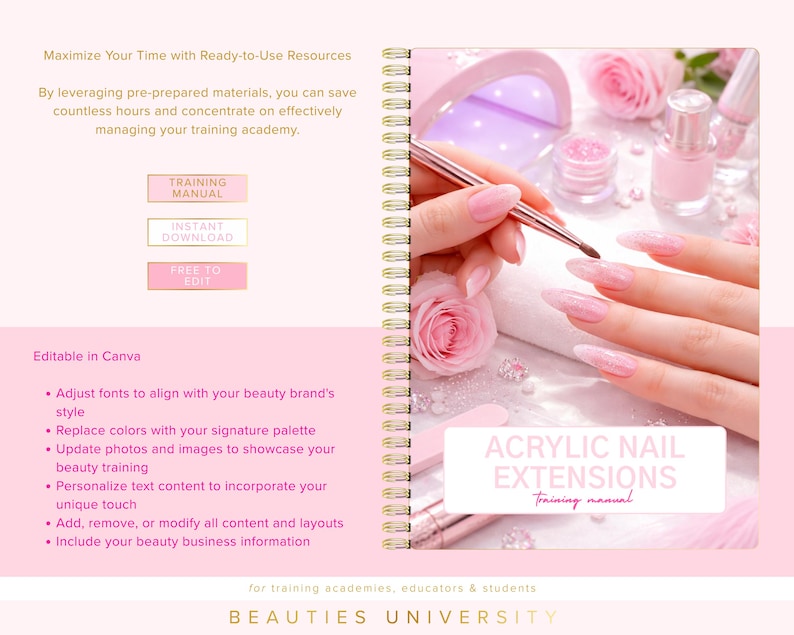 Acrylic Nails Training Manual, Editable Certificate, Canva Course