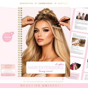 Manual de extensiones de cabello, manual de capacitación sobre unión de queratina, nano, micro, trama, cinta adhesiva (editable en Canva)