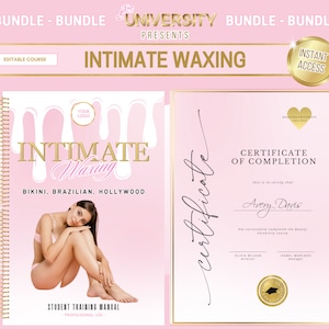 Puede incluir: Diseño gráfico rosa y dorado para un curso de depilación íntima. El diseño incluye un manual con el texto "Intimate Waxing" y un certificado de finalización. El manual presenta a una mujer en lencería.
