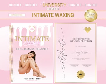 May include: A pink and gold graphic design for an intimate waxing course. The design includes a manual with the text "Intimate Waxing" and a certificate of completion. The manual features a woman in lingerie.