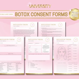 Botox Consent Forms, Neurotoxins Consultation Pack, Aesthetics Clinic Documents, Pink, White, Gold, Edit in Canva