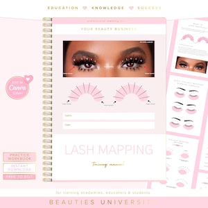 May include: A pink spiral-bound workbook with gold accents, featuring lash mapping diagrams and the text "LASH MAPPING Training manual!" The cover includes the text "EDIT in Canva TODAY" and "BEAUTIES UNIVERSITY".