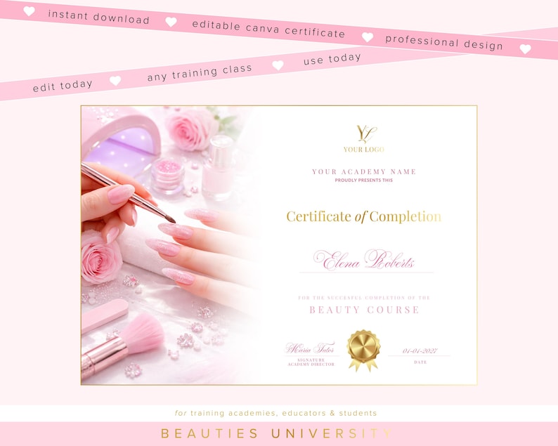 Acrylic Nails Training Manual, Editable Certificate, Canva Course