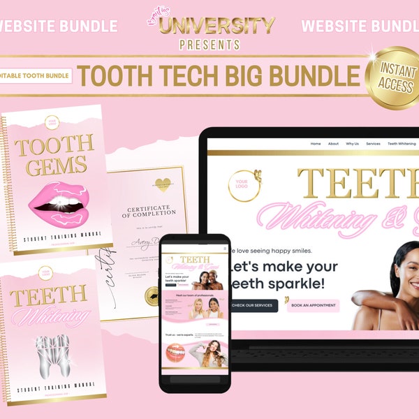 Tooth Technician, Website, Training Manuals, Consent Forms, Tooth Gems, Teeth Whitening, Marketing, Flyers, Certificates, Edit in Canva