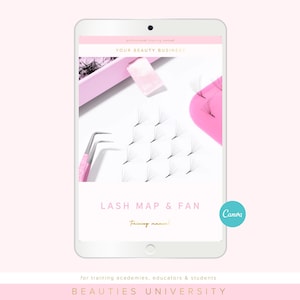 May include: A digital tablet shows a lash map and fan training manual. The screen displays lash supplies, including tweezers and a pink tray. The text reads "LASH MAP & FAN" and "BEAUTIES UNIVERSITY". The background is a soft pink.