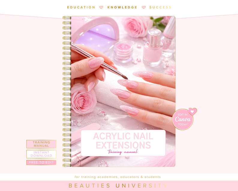 Acrylic Nails Training Manual, Editable Certificate, Canva Course