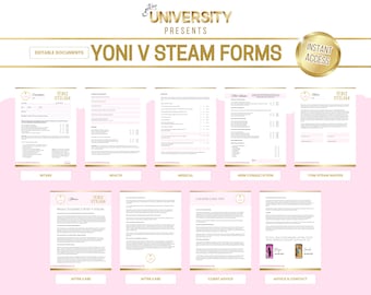 Formulários de consulta Yoni Steam, consentimento do cliente, ingestão, medicamentos, seleção de ervas, documentos V Steam, edição no Canva