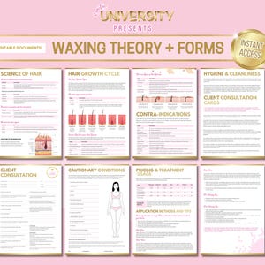 Könnte beinhalten: Ein rosa-goldener, druckbarer Leitfaden für Waxing-Dienstleistungen. Der Leitfaden umfasst Abschnitte über die Wissenschaft des Haares, den Haarwachstumszyklus, Kontraindikationen, Hygiene und Sauberkeit, Kundenberatungskarten, Vorsichtsmaßnahmen, Preisgestaltung und Behandlungsgebrauch sowie Anwendungsmethoden und Tipps.