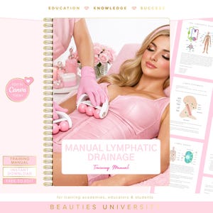 May include: A pink training manual titled "Manual Lymphatic Drainage" with a spiral binding. The image shows a woman receiving a lymphatic drainage treatment. The manual includes diagrams and the text "Beauties University".