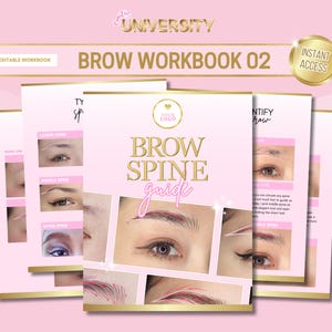 Op de afbeelding: Een roze en gouden printbare wenkbrauwruggengraat-werkboek met de titel "BROW WORKBOOK 02" en de tekst "IDENTIFY YOUR BROW" en "BROW SPINE guide".