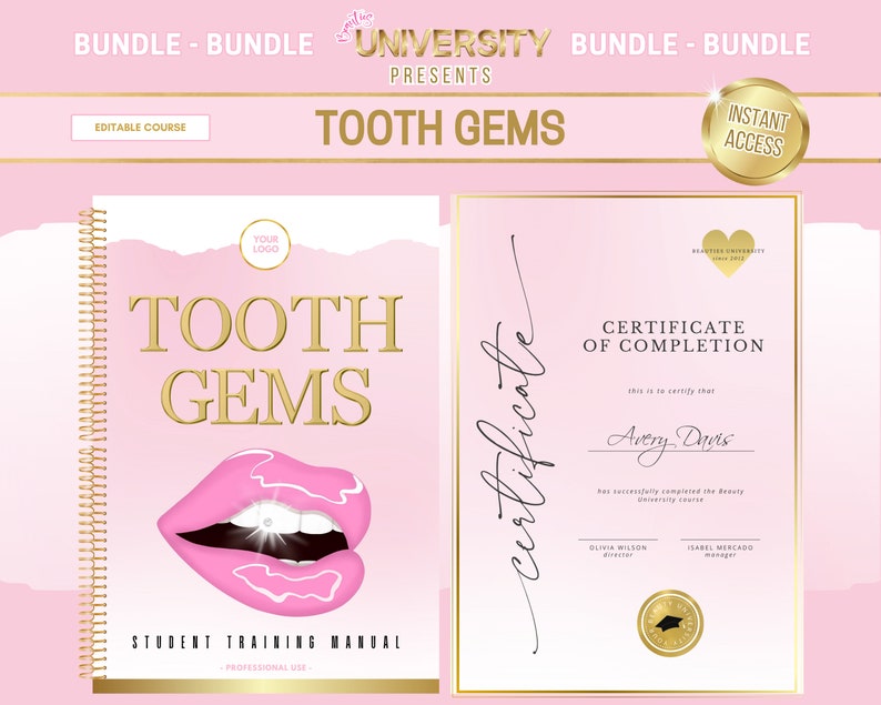 Tooth Gems Training Manual, Certificate, Tooth Gems Flyers, Tooth Gems Tutor Course, Tooth Gems Consent, Tooth Gems Designs, Edit in Canva