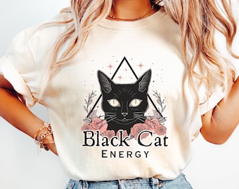 Black Cat Energy Comfort Colors® Shirt, Retro Vintage Style Halloween Crewneck, Spooky Season Tees, Whimsigoth, Weirdcore, Witchy T-Shirts