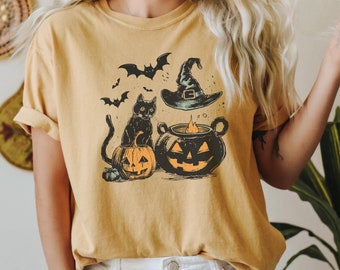 Black Cat And Bats Comfort Colors® Shirt, Vintage Style Halloween Tees, Retro Jack-o-Lantern T-Shirt, Spooky Season, Trick-or-Treat Shirts