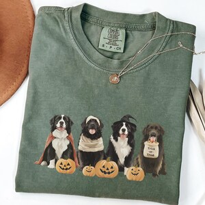 May include: Green t-shirt with a graphic of four dogs dressed up for Halloween. The dogs are wearing costumes and holding pumpkins. The text "Trick or Treat" is on the shirt.