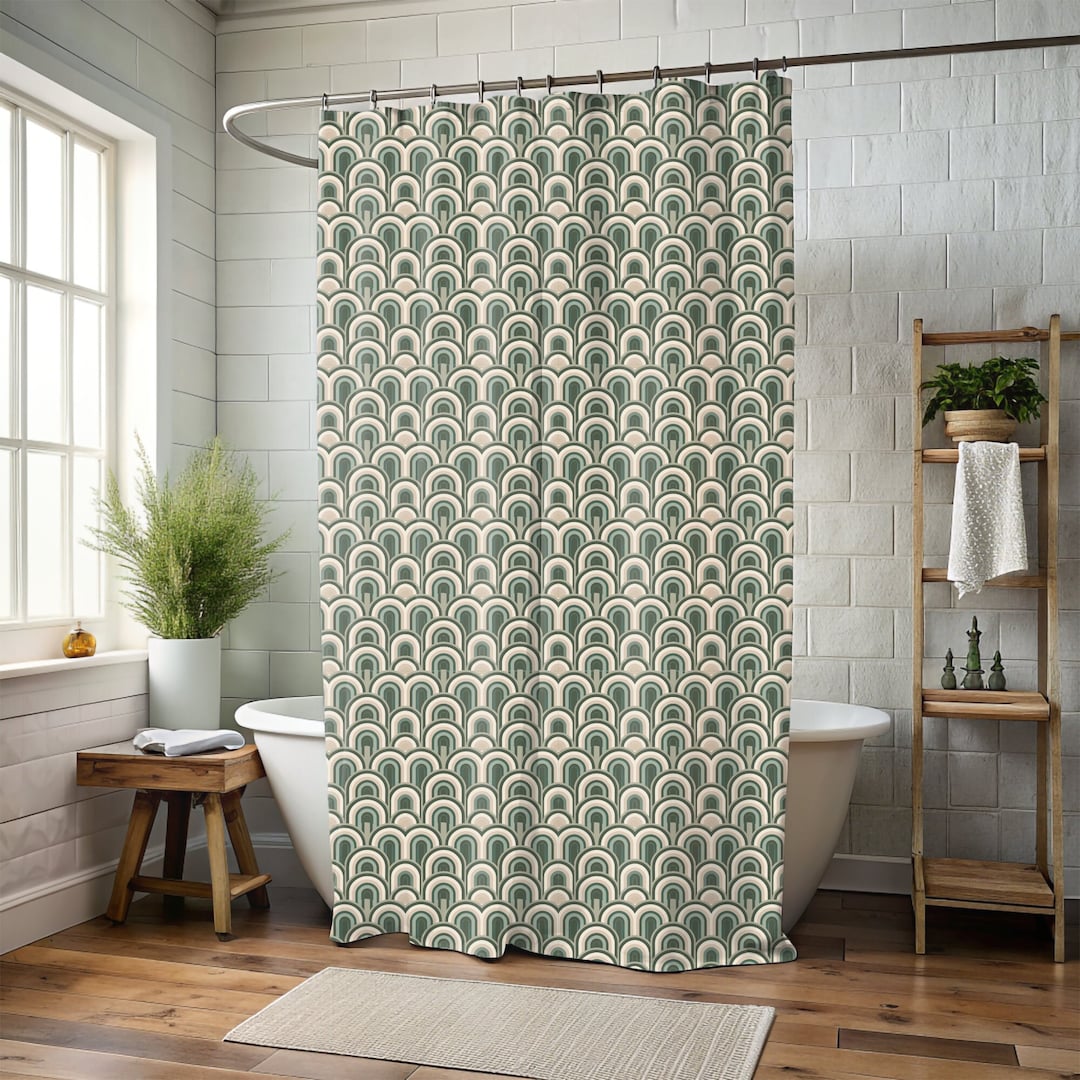 Retro Shower Curtain, Midcentury Modern Shower Curtain, Green Shower