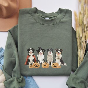 May include: A green sweatshirt with a Halloween-themed design featuring four border collies dressed in costumes. The dogs are wearing a witch hat, a mummy costume, a vampire costume, and a trick-or-treat bag. The design also includes pumpkins.