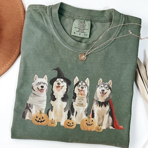 May include: Green t-shirt with a graphic of four huskies dressed in Halloween costumes. The huskies are wearing a mummy costume, a witch hat, a trick or treat bucket, and a superhero cape. The t-shirt has the text "COMFORT COLORS" and "S - P - CH" printed on the tag.